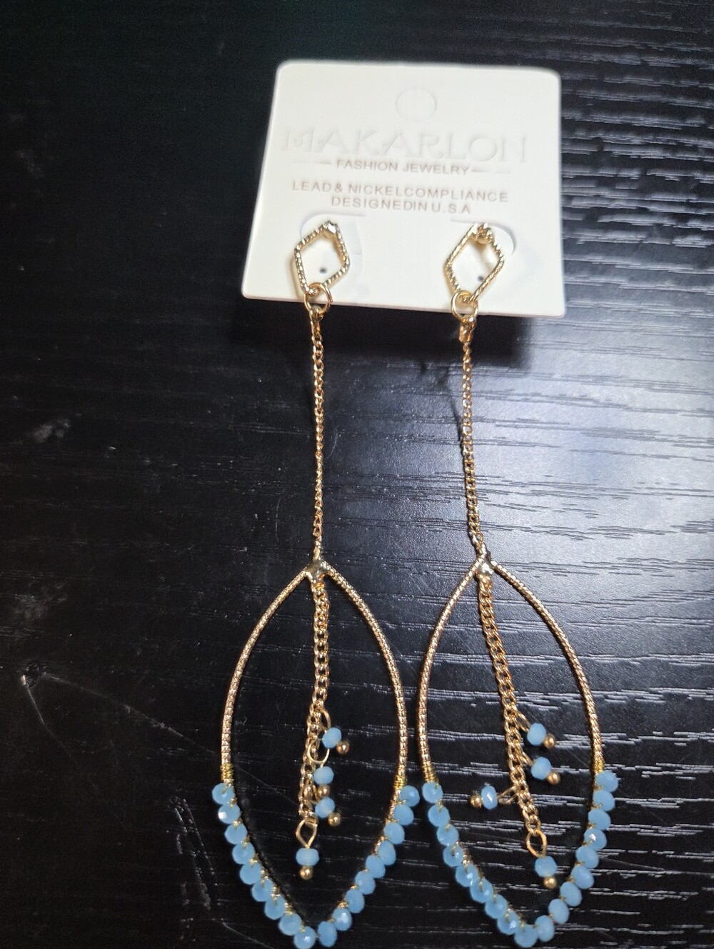 Makarlon Gold Drop Earrings with Light Blue Beads